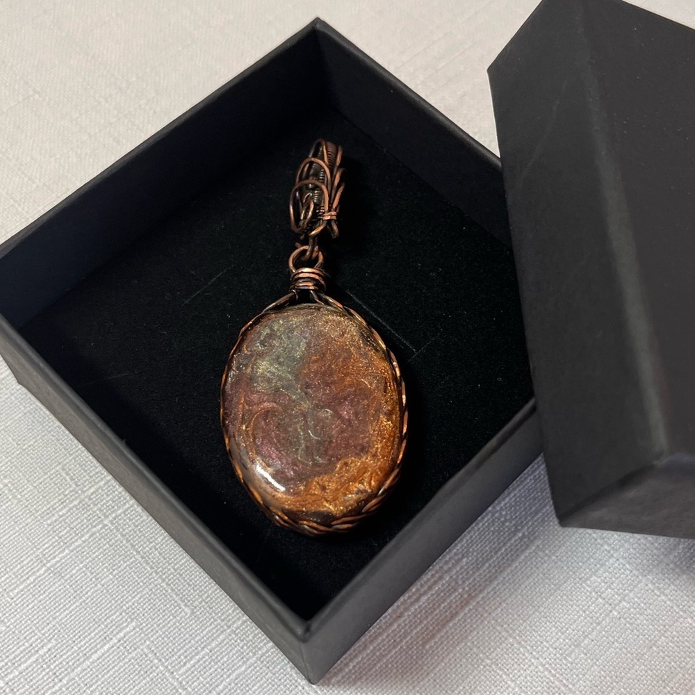 Elegant Copper-Toned Pendant Necklace. Wire wrapped resin. Handmade. Unique.